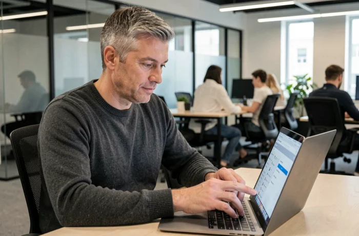 Homme accédant aux pages du site Retbutiko en un clic depuis un espace de co-working