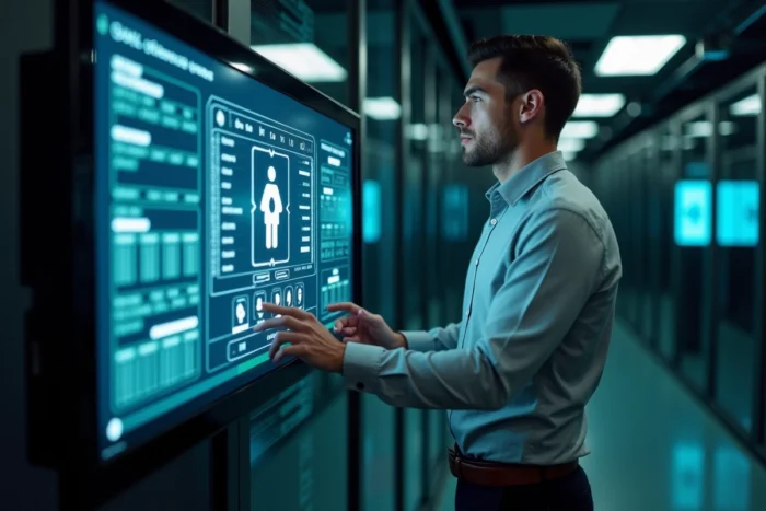 Administrateur informatique gérant les droits d'accès sur une interface numérique dans une salle serveur administrative