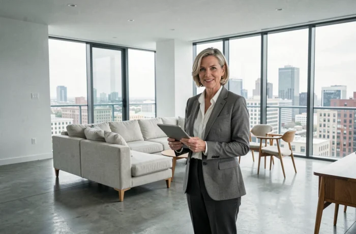 Agent immobilier présentant un appartement moderne avec vue sur la ville depuis un espace de vie épuré