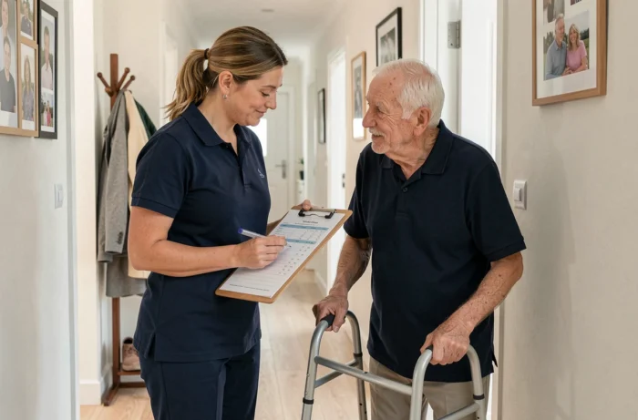 Une aide à domicile ADMR en uniforme accompagne une personne âgée dans son couloir d'appartement avec un planning de service CESU