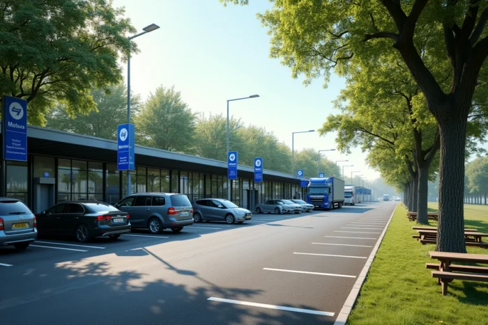 Aire de repos sur l'autoroute française avec parking, bâtiment de services et signalétique bleue