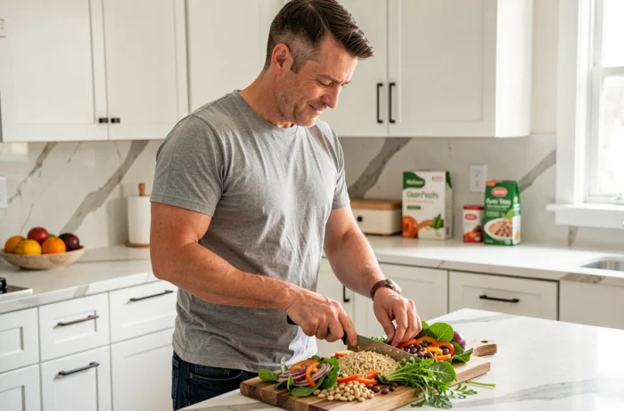 Homme préparant un repas sain et équilibré à base de légumes et légumineuses pour soutenir la santé hépatique et réduire les gamma GT