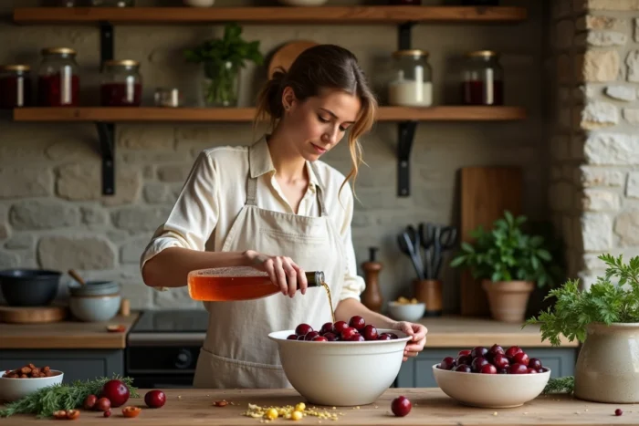 Femme versant du jus de raisin pétillant dans un bol de fruits macérés, alternative à l'alcool pour fruits Leclerc en cuisine maison
