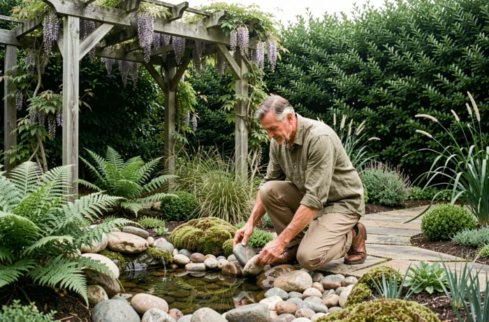 Homme aménageant un bassin ornemental naturel entouré de fougères et de graminées dans un jardin écologique