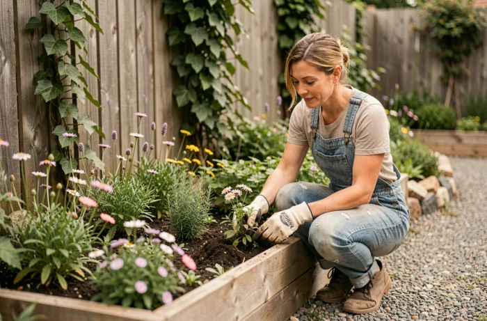 Femme aménageant un jardin naturel avec des plantes sauvages et des herbes aromatiques dans un bac en bois surélevé