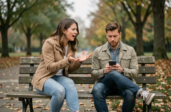 Deux amies sur un banc de parc, l'une ignorant l'autre sur son téléphone, symbolisant l'ingratitude et le manque de réciprocité dans une relation