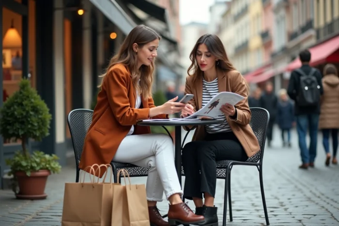 Deux amies comparant leurs achats de mode et tendances autour d'un café en terrasse urbaine
