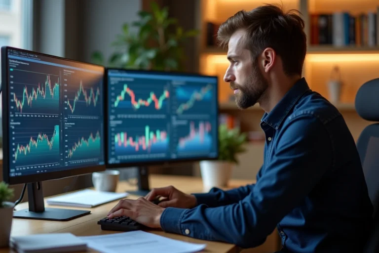 Homme analysant des graphiques financiers sur ordinateur avant d'utiliser une plateforme de trading en ligne comme Dirvox