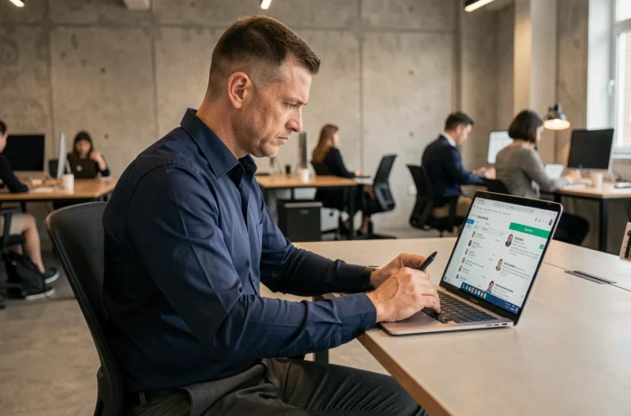 Ancien militaire en reconversion professionnelle consultant des offres d'emploi sur un ordinateur portable dans un espace de coworking moderne