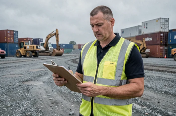 Ancien militaire reconverti dans la logistique ou la sécurité industrielle, consultant des documents sur un chantier ou un entrepôt extérieur