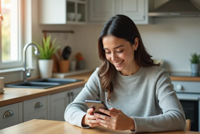Femme annulant un rendez-vous Carglass sur son smartphone depuis sa cuisine