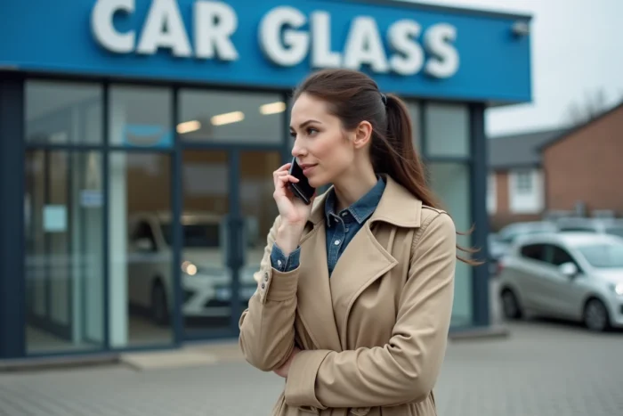 Femme appelant Carglass par téléphone pour annuler son rendez-vous devant le centre