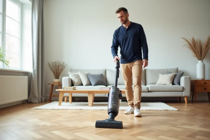 Homme passant l'aspirateur sur un parquet en chevron dans un salon minimaliste bien rangé