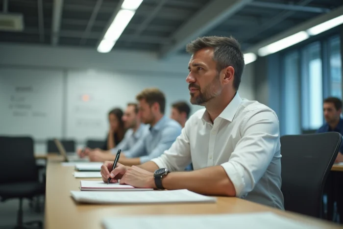 Homme participant à un atelier collectif de réinsertion professionnelle dans le cadre d'un programme Solerys Pôle Emploi