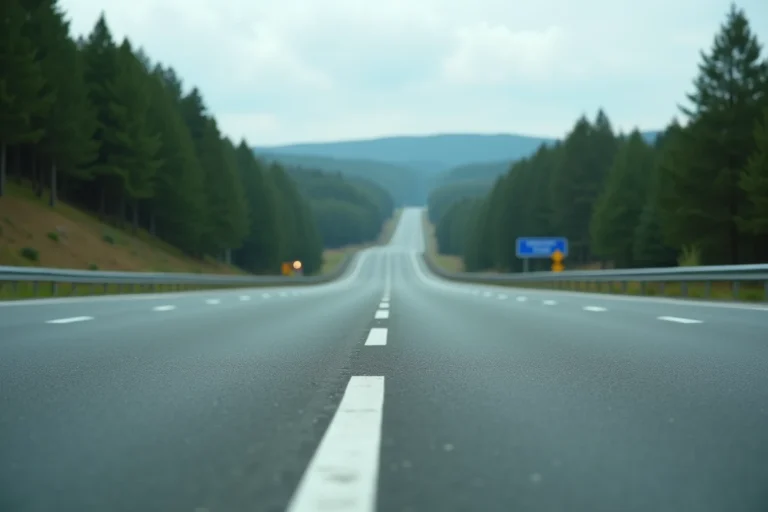 Vue en perspective d'une autoroute française avec signalisation bleue et paysage de forêts de pins