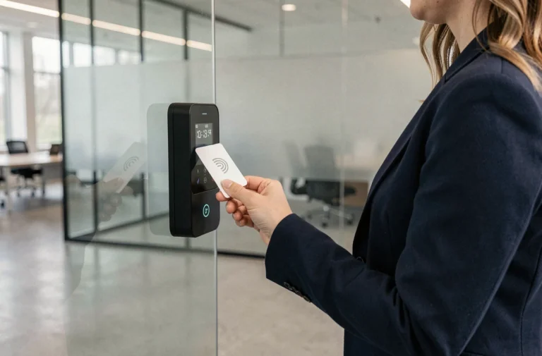 Femme professionnelle utilisant un badge RFID pour ouvrir une porte dans un bureau moderne