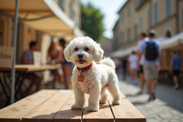 Petit Bichon Frisé présenté à l'adoption lors d'une foire associative en Gironde près de Langon