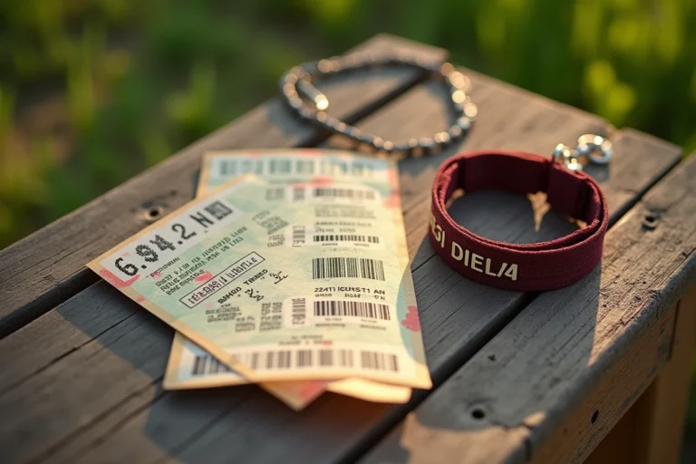 Billet SP Vieilles Charrues avec hologramme et bracelet de festival posés sur une table en bois usé