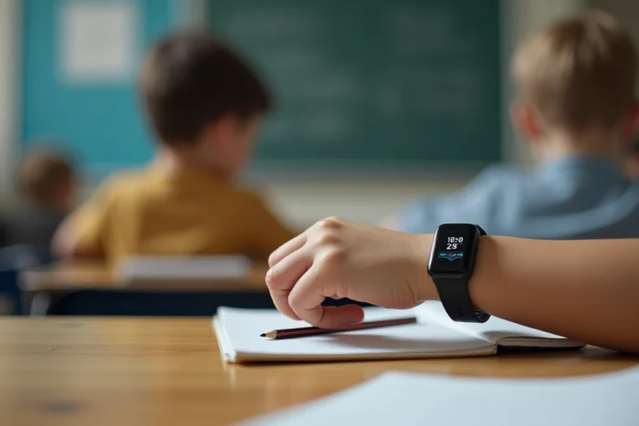 Gros plan d'un bracelet GPS pour enfant posé sur un bureau d'école, montrant les détails du tracker et son utilisation quotidienne