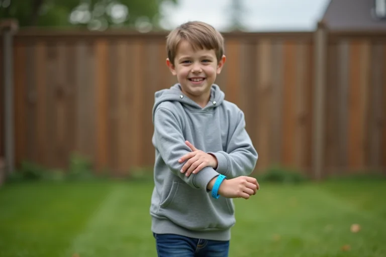 Enfant portant un bracelet GPS bleu au poignet dans un jardin, illustrant la sécurité des enfants au quotidien