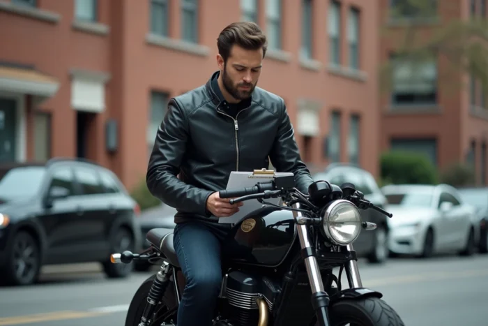 Motard assis sur sa moto en ville consultant des documents pour changer d'assurance moto