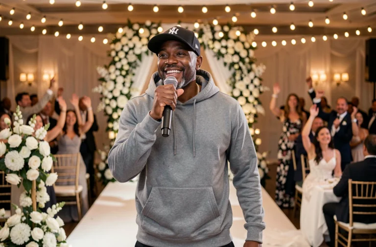 Chanteur de rap professionnel en performance live sur scène lors d'une réception de mariage élégante avec décoration florale blanche