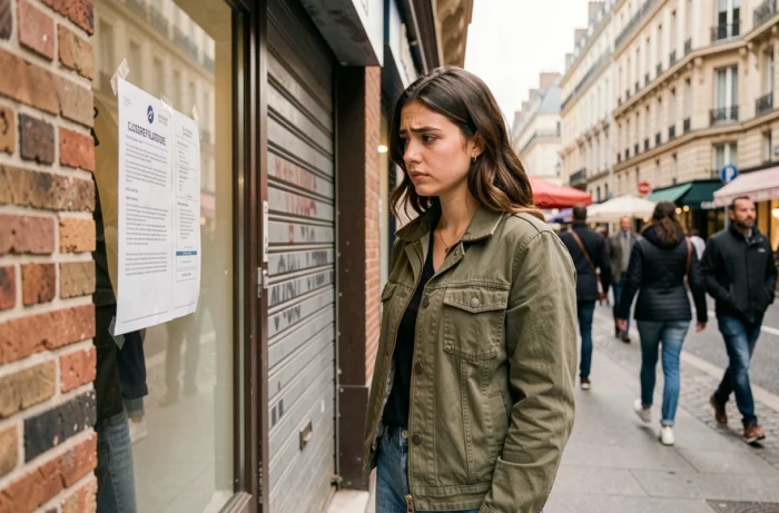 Jeune femme devant un magasin de vêtements fermé dans une rue commerçante de Reims