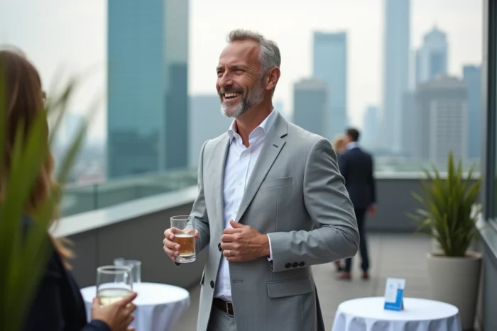 Un dirigeant en networking lors d'un cocktail professionnel en rooftop avec vue sur une skyline urbaine