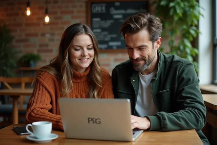 Deux collègues consultant la définition de l'acronyme PDE sur un ordinateur portable dans un café