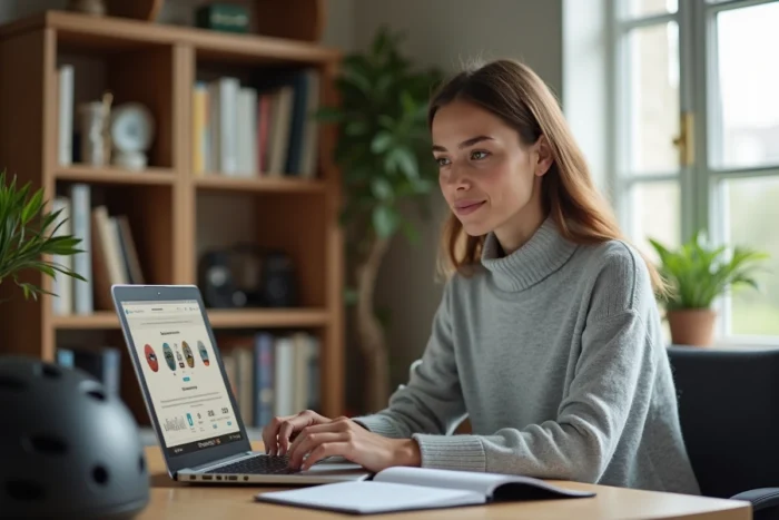 Femme comparant des offres d'assurance moto sur ordinateur portable à domicile