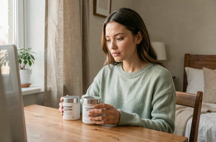 Femme comparant deux crèmes hydratantes Nuxe et Caudalie sur une coiffeuse en bois dans un intérieur cosy