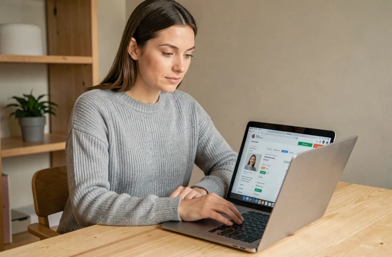 Femme connectée à son espace client en ligne depuis un bureau à domicile sur un ordinateur portable