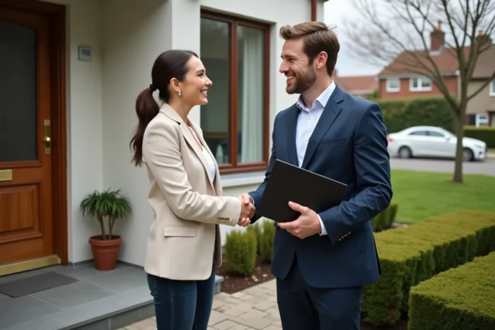 Femme propriétaire accueillant un conseiller Foncia à l'entrée de sa maison pour souscrire une assurance habitation adaptée