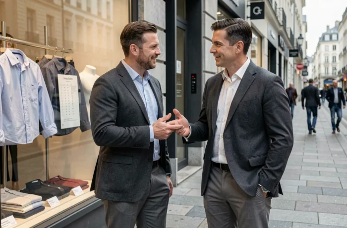 Deux hommes devant une boutique de mode masculine discutant des tailles et coupes de vêtements Freeman Porter