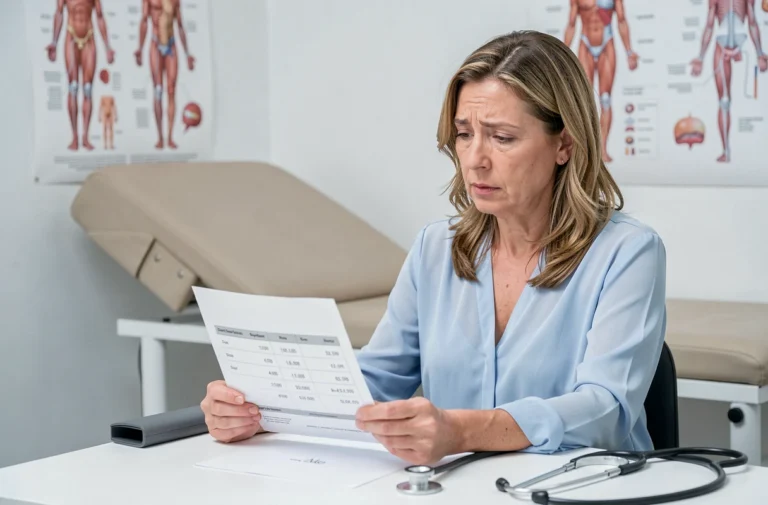 Femme de 45 ans tenant un bilan sanguin montrant des résultats de gamma GT élevés lors d'une consultation médicale
