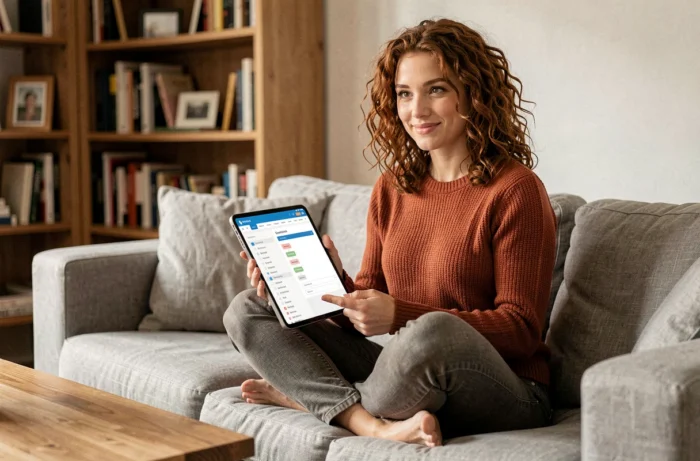 Jeune femme consultant toutes les pages de Retbutiko facilement sur une tablette depuis son salon