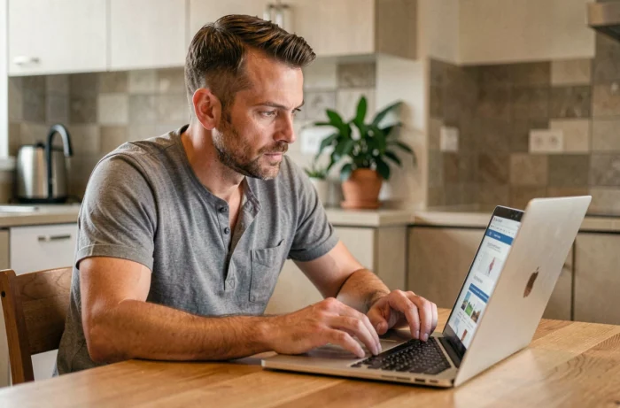 Homme consultant un site de santé en ligne sur son ordinateur portable depuis chez lui