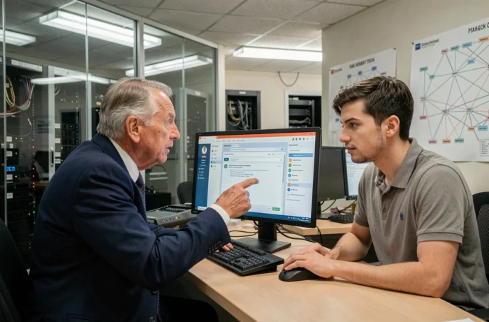Responsable discutant d'un problème de compte avec son correspondant informatique de direction