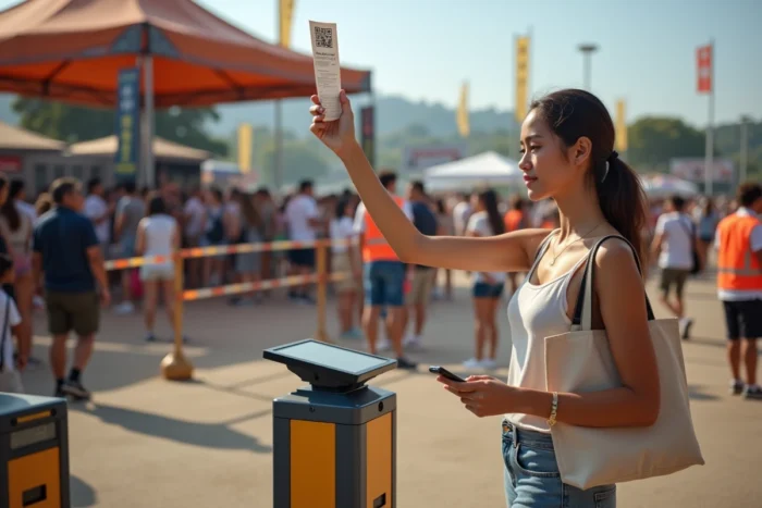 Festivalière présentant son billet SP aux Vieilles Charrues à l'entrée du festival avec scanner de contrôle