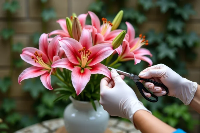 Mains gantées coupant le pistil de lys roses orientaux dans un jardin de cottage