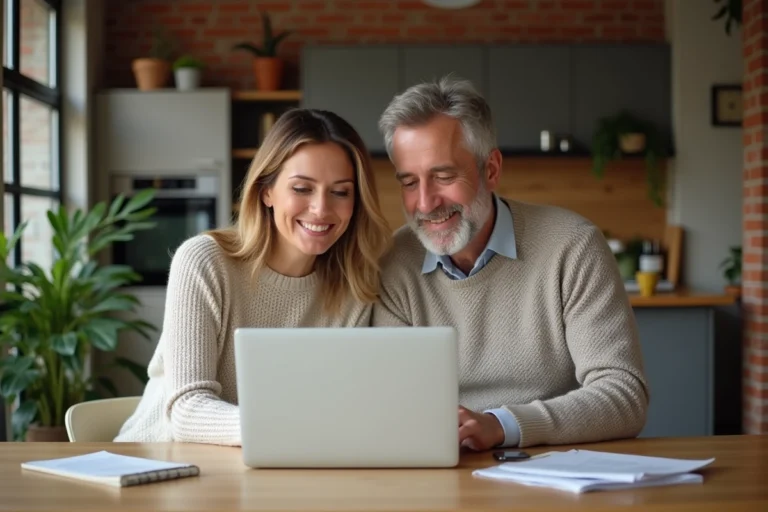 Couple examinant des documents d'assurance habitation Foncia sur un ordinateur portable dans un appartement moderne et confortable