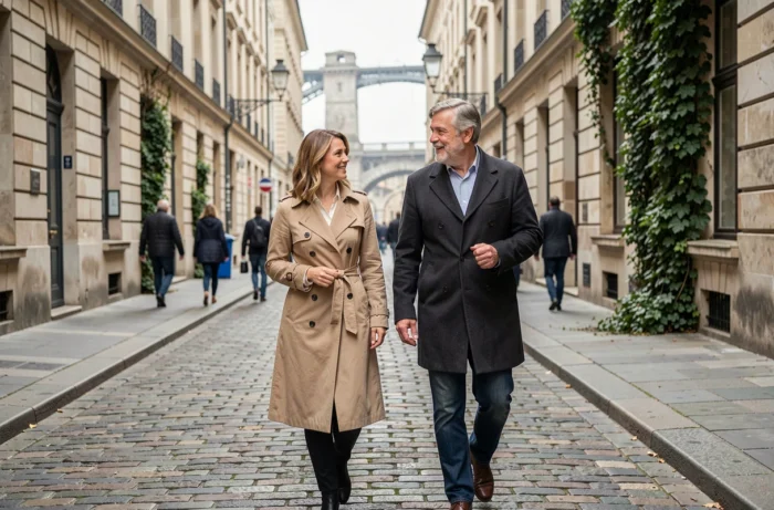 Couple élégant se promenant dans une rue pavée européenne, symbolisant l'intérêt public pour la vie privée des personnalités et de leur partenaire