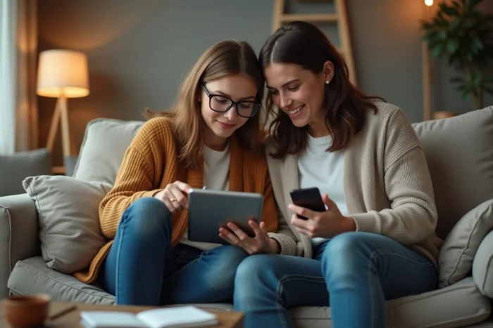 Couple comparant des annonces de voitures neuves et d'occasion sur tablette et smartphone dans leur salon