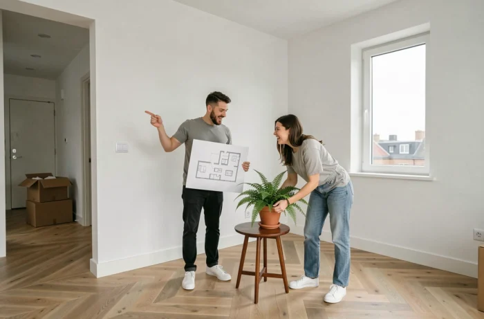 Couple arrangeant des meubles et décorations dans un appartement vide lors d'une installation après déménagement