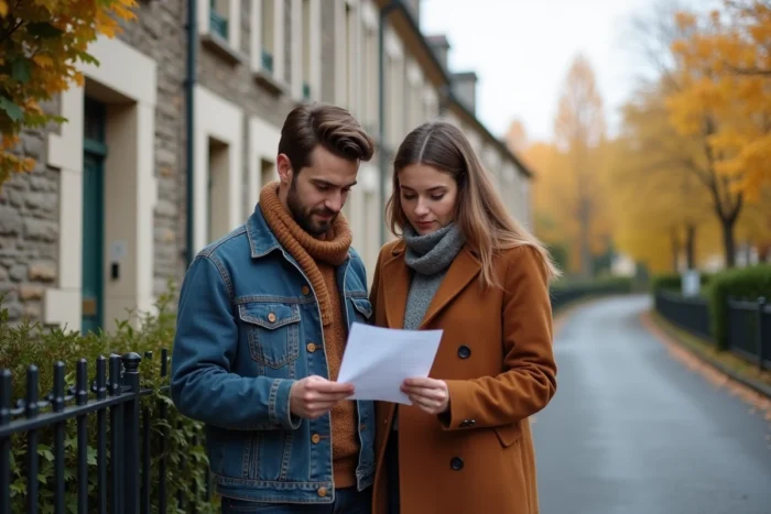 Couple étudiant une offre de prêt immobilier devant une maison à Cholet