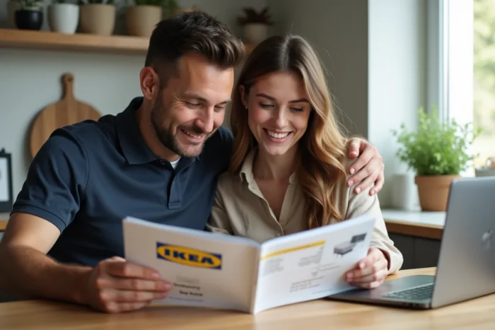 Couple à la maison consultant le catalogue IKEA et les options de paiement en 10 fois sans frais sur ordinateur portable