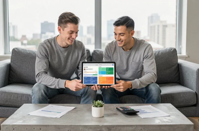 Jeune couple planifiant leur budget familial sur tablette dans un salon moderne