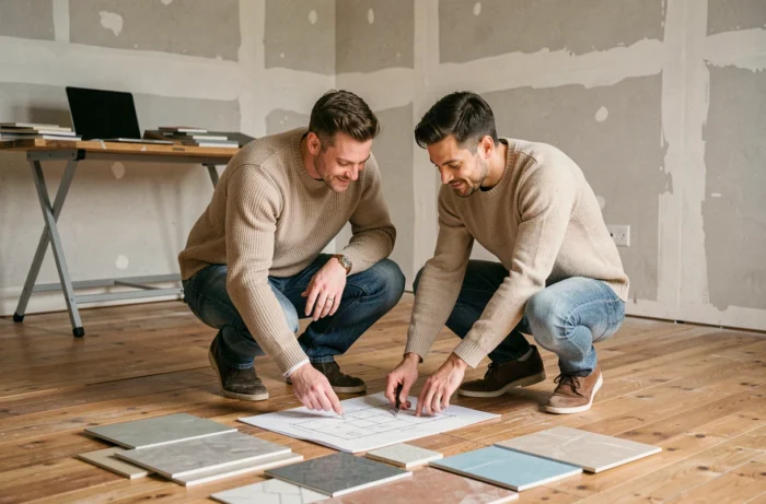 Couple examinant des plans de rénovation et des échantillons de matériaux posés au sol dans un appartement en travaux