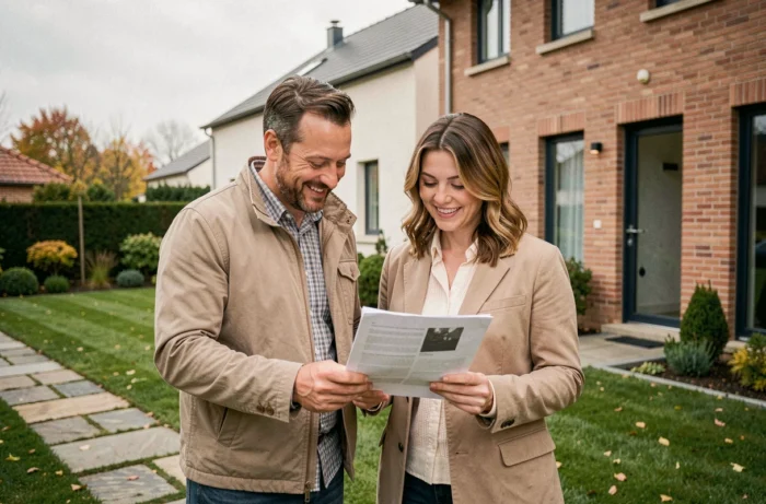 Couple devant une maison à vendre examinant des documents immobiliers dans un quartier résidentiel