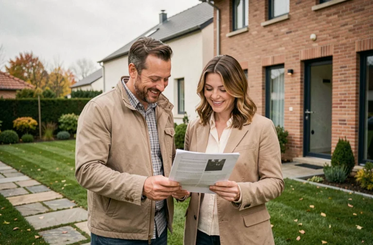 Couple devant une maison à vendre examinant des documents immobiliers dans un quartier résidentiel